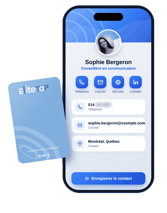 Carte de visite NFC EliteTap avec profil digital et QR code
